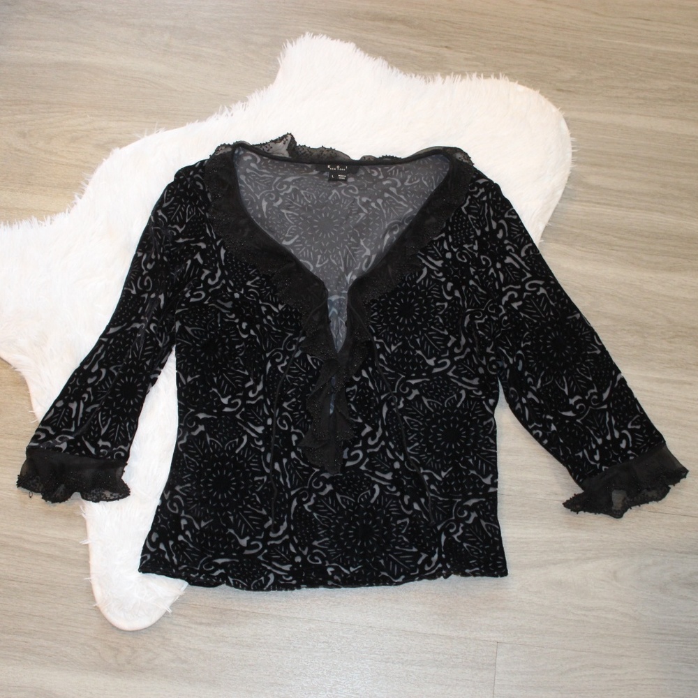 [ECI New York] Sheer Black Ruffle Top Size L